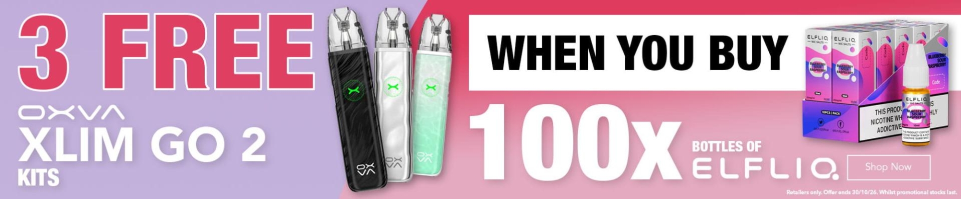 Get 3 FREE OXVA XLIM Go 2 Kits when you buy 100 x bottles of ELFLIQ Liquids
